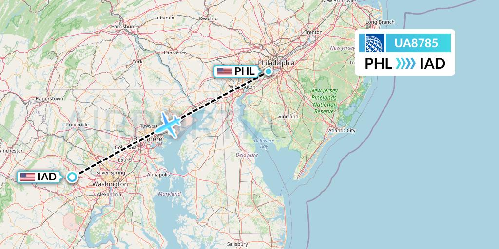 UA8785 United Airlines Flight Map: Philadelphia to Washington