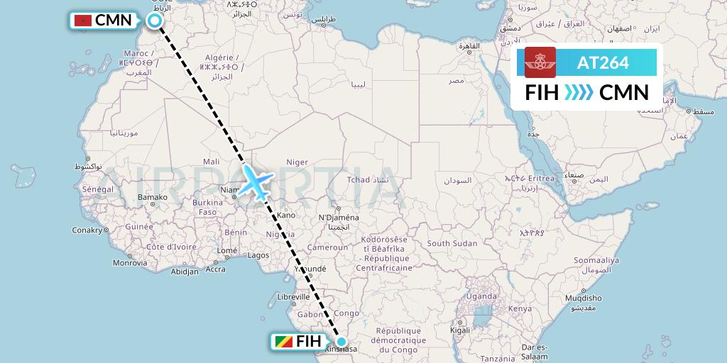AT264 Royal Air Maroc Flight Map: Kinshasa to Casablanca