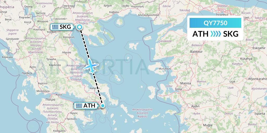 QY7750 European Air Transport Flight Map: Athens to Thessaloniki