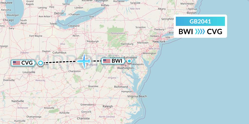 GB2041 ABX Air Flight Map: Baltimore to Cincinnati