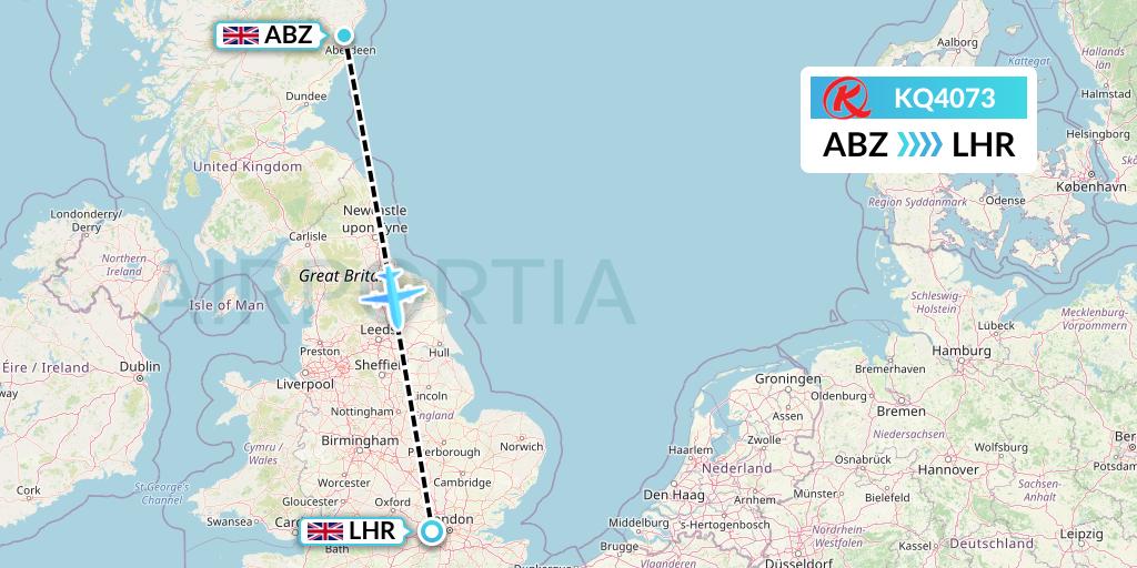 KQ4073 Kenya Airways Flight Map: Aberdeen to London