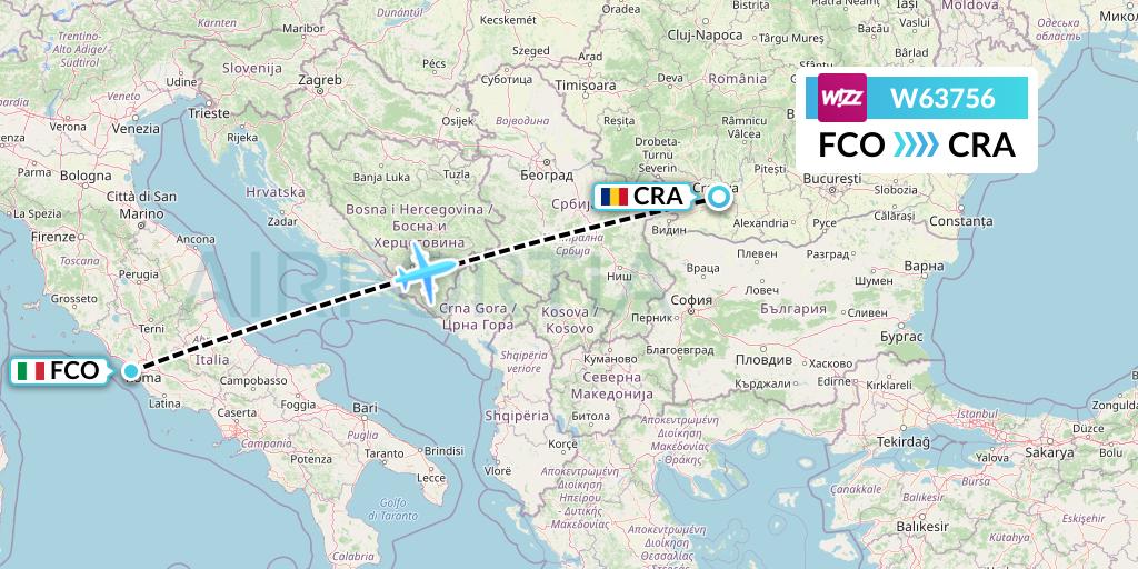 W63756 Wizz Air Flight Map: Rome to Craiova