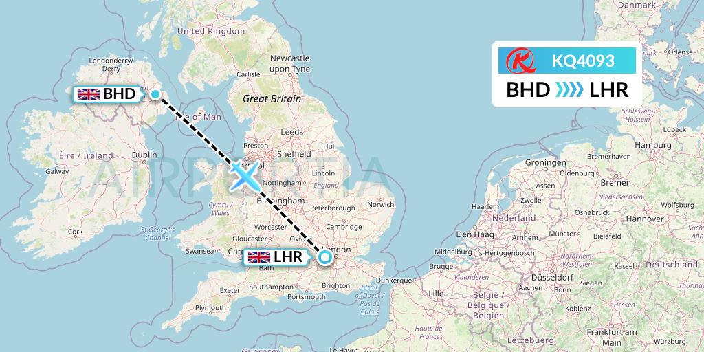 KQ4093 Kenya Airways Flight Map: Belfast to London