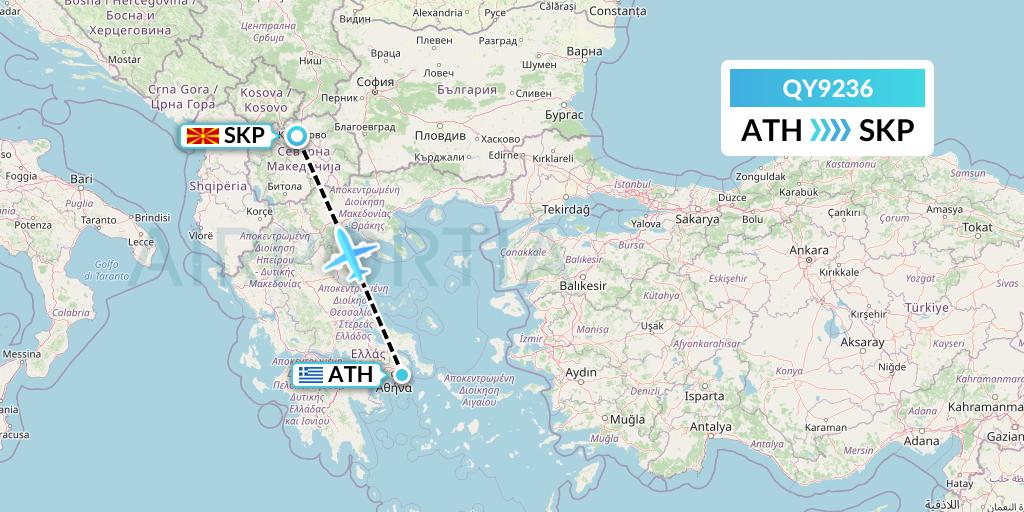 QY9236 European Air Transport Flight Map: Athens to Skopje