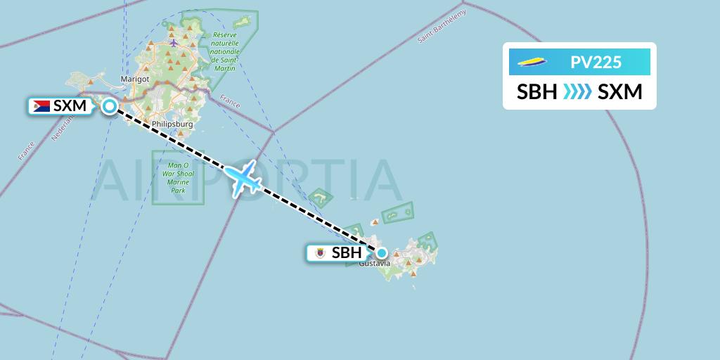 PV225 St. Barth Commuter Flight Map: St. Jean to Sint Maarten