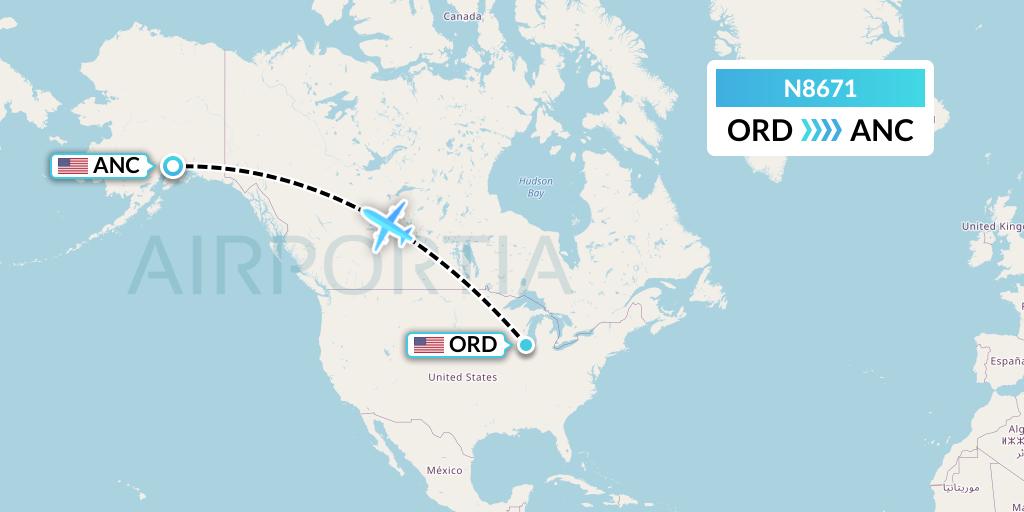 N8671 National Airlines Flight Map: Chicago to Anchorage