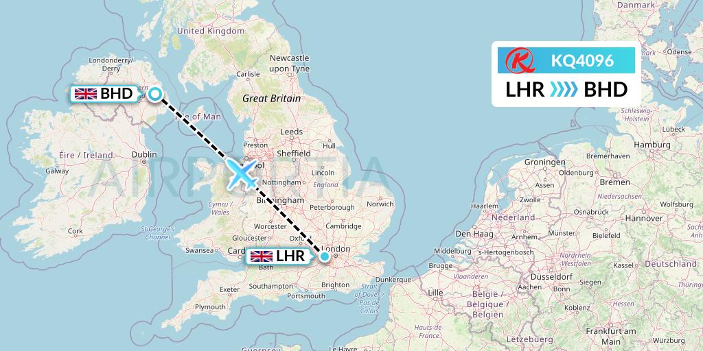 KQ4096 Kenya Airways Flight Map: London to Belfast