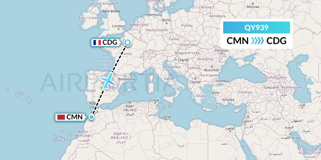 QY939 European Air Transport Flight Map: Casablanca to Paris