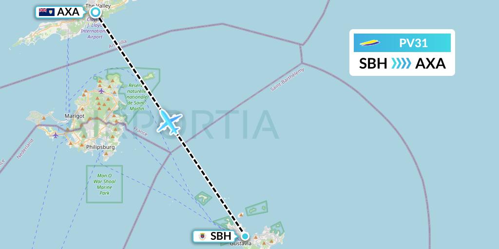 PV31 St. Barth Commuter Flight Map: St. Jean to The Valley