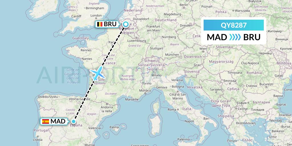 QY8287 European Air Transport Flight Map: Madrid to Brussels