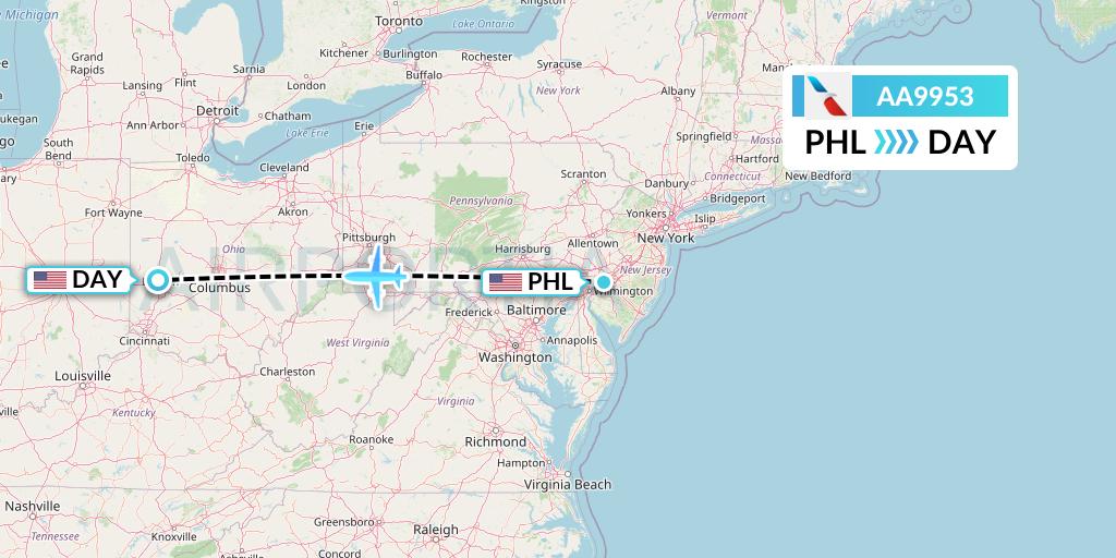 AA9953 American Airlines Flight Map: Philadelphia to Dayton