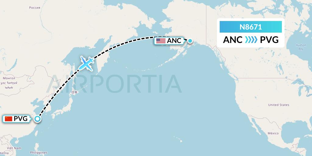N8671 National Airlines Flight Map: Anchorage to Shanghai