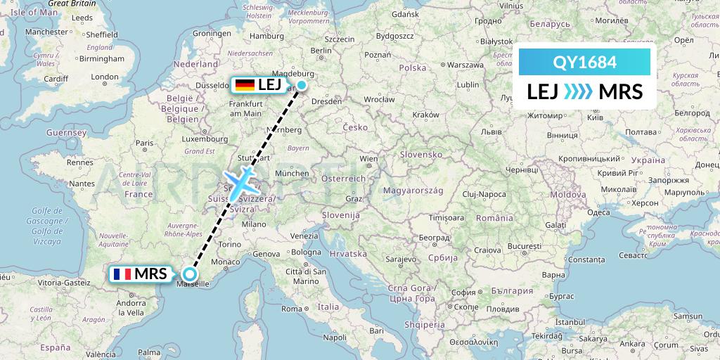 QY1684 European Air Transport Flight Map: Leipzig to Marseille