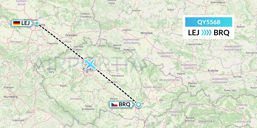 QY5568 European Air Transport Flight Map: Leipzig to Brno