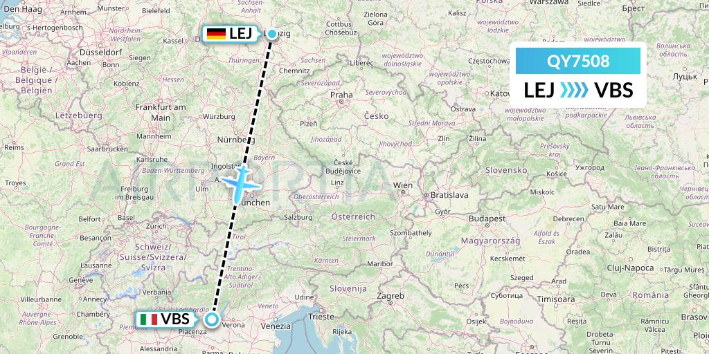 QY7508 European Air Transport Flight Map: Leipzig to Brescia