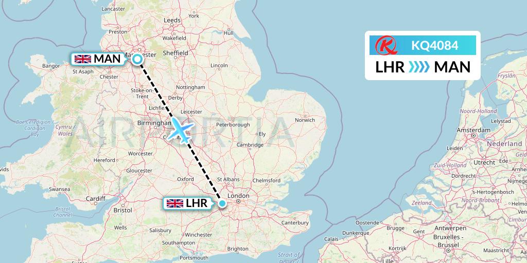 KQ4084 Kenya Airways Flight Map: London to Manchester