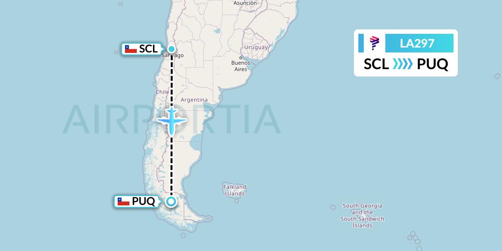 LA297 LAN Airlines Flight Map: Santiago to Punta Arenas