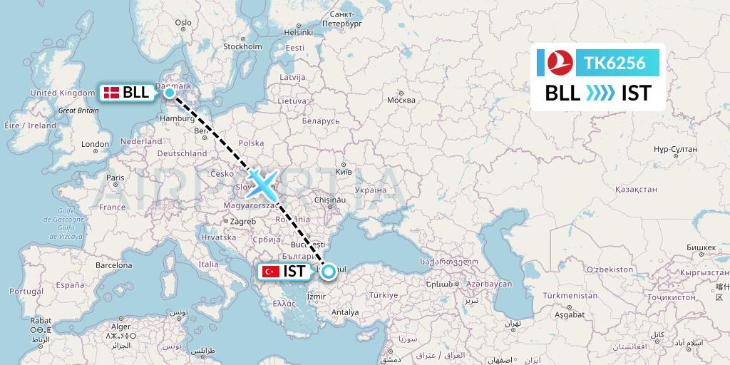 TK6256 Turkish Airlines Flight Map: Billund to Istanbul
