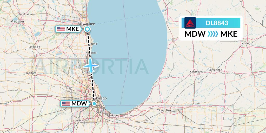 DL8843 Delta Air Lines Flight Map: Chicago to Milwaukee