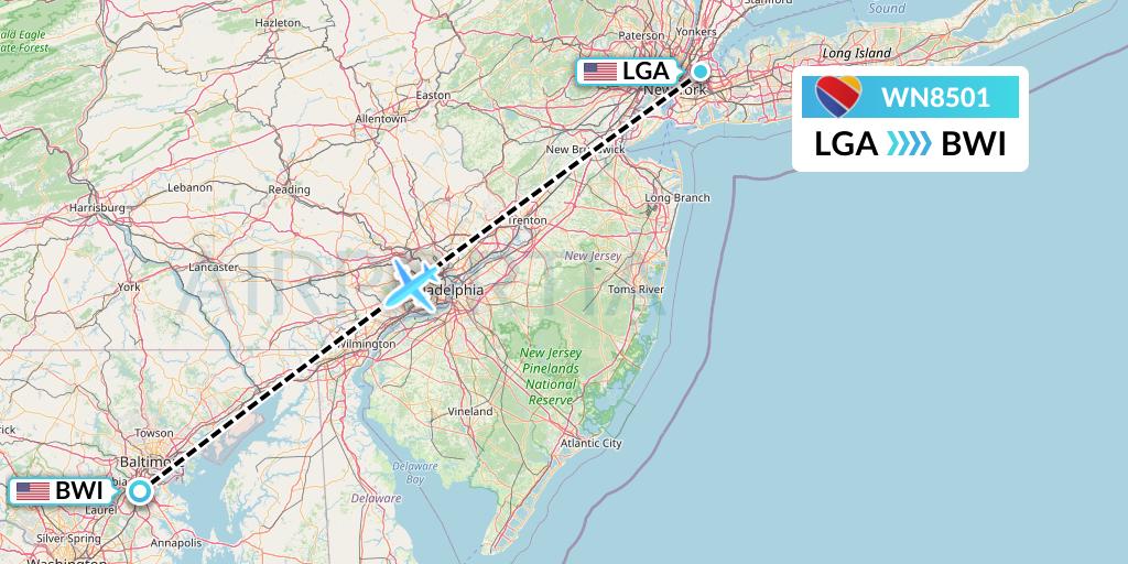 WN8501 Southwest Airlines Flight Map: New York to Baltimore