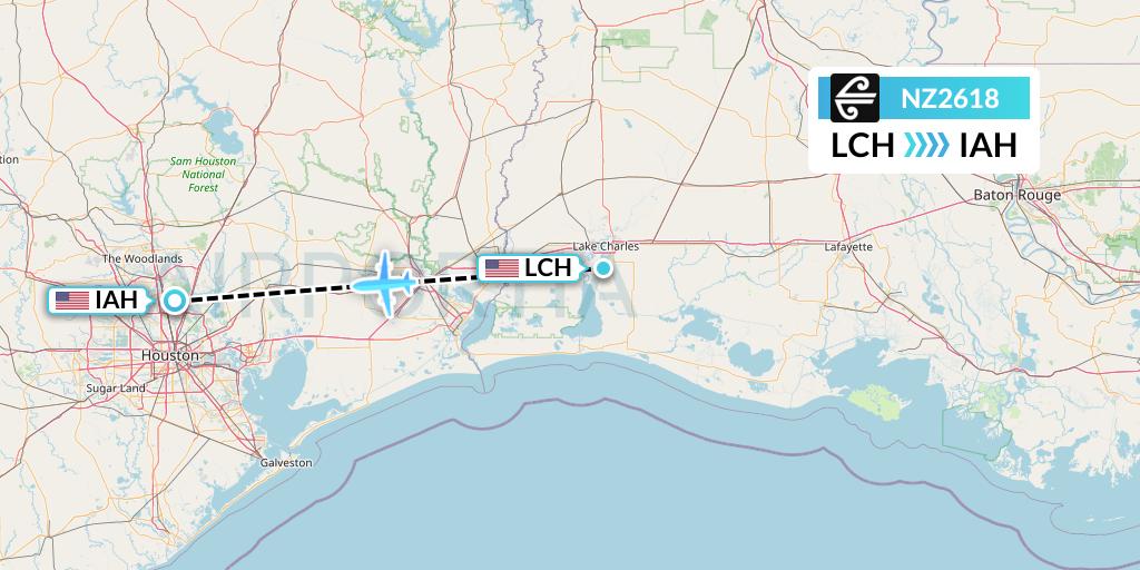 NZ2618 Air New Zealand Flight Map: Lake Charles to Houston