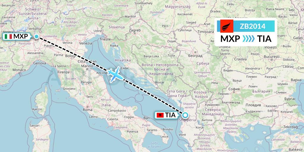 ZB2014 Air Albania Flight Map: Milan to Tirana