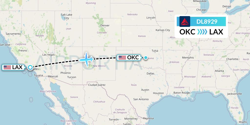DL8929 Delta Air Lines Flight Map: Oklahoma City to Los Angeles