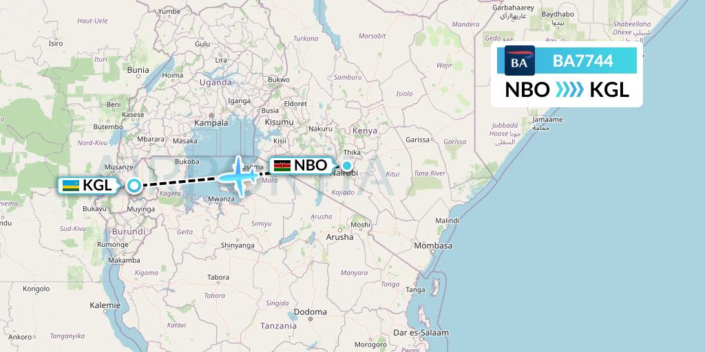 BA7744 British Airways Flight Map: Nairobi to Kigali