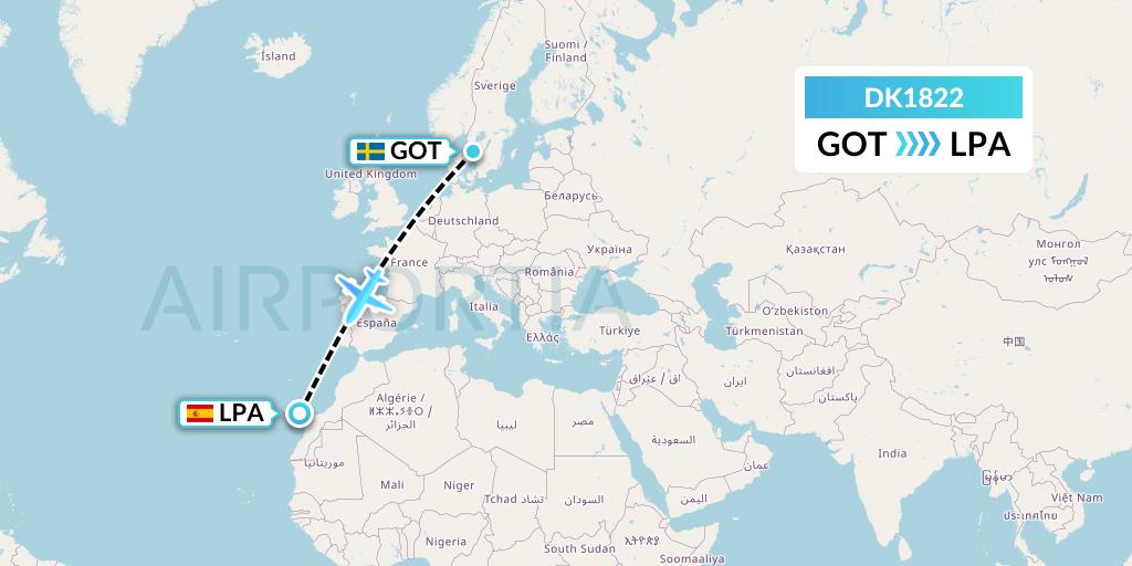 DK1822 Thomas Cook Airlines Scandinavia Flight Map: Gothenburg to Las Palmas