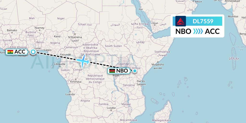 DL7559 Delta Air Lines Flight Map: Nairobi to Accra