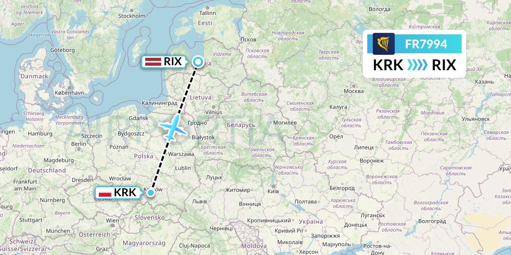 FR7994 Ryanair Flight Map: Krakow to Riga