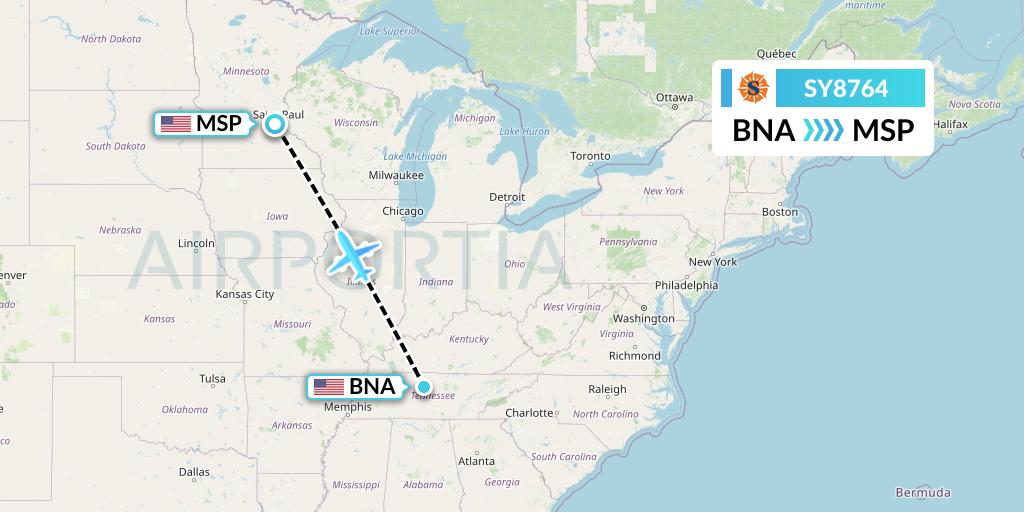 SY8764 Sun Country Airlines Flight Map: Nashville to Minneapolis