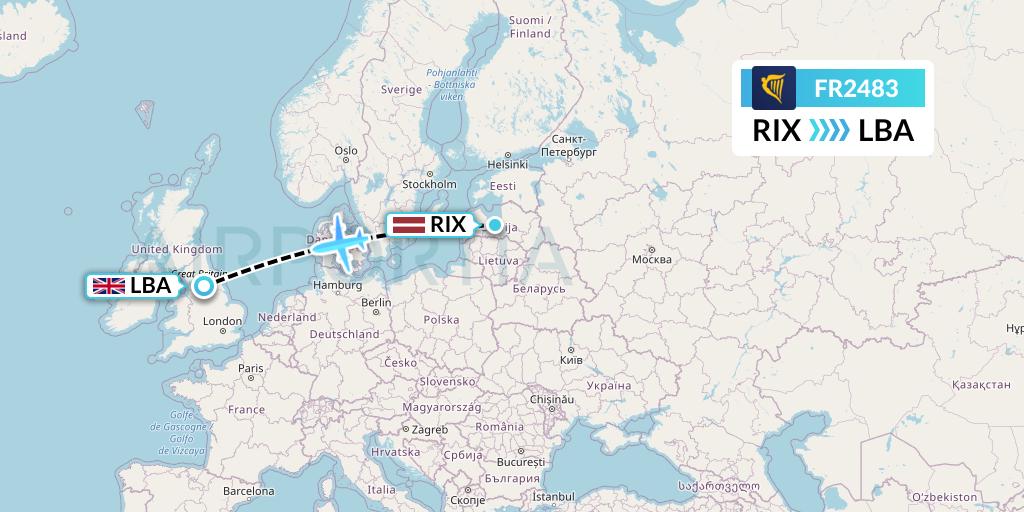 FR2483 Ryanair Flight Map: Riga to Leeds