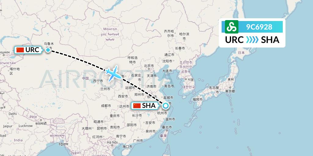 9C6928 Spring Airlines Flight Map: Urumqi to Shanghai