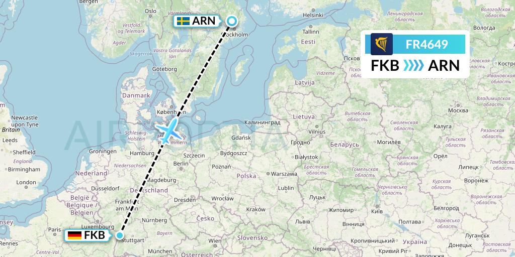 FR4649 Ryanair Flight Map: Karlsruhe/Baden-Baden to Stockholm