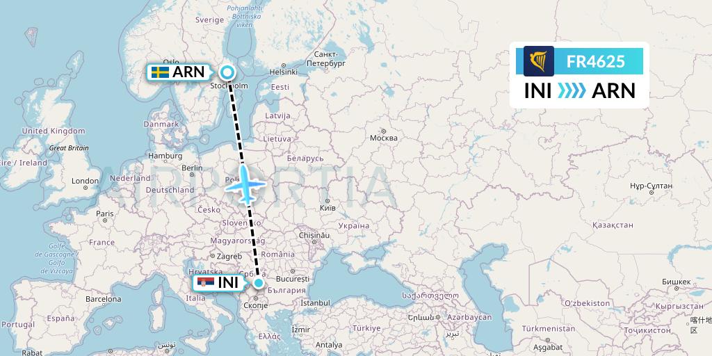 FR4625 Ryanair Flight Map: Nis to Stockholm