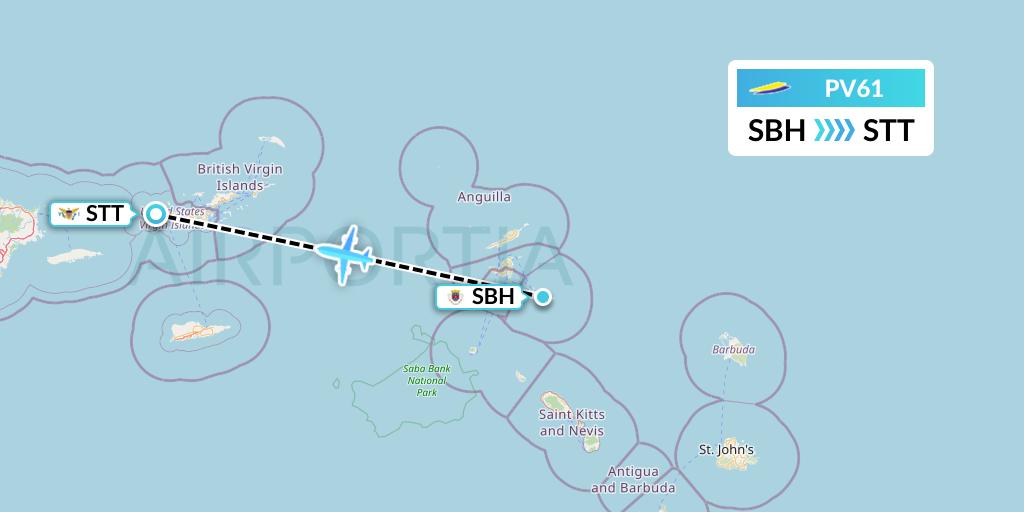 PV61 St. Barth Commuter Flight Map: St. Jean to St. Thomas