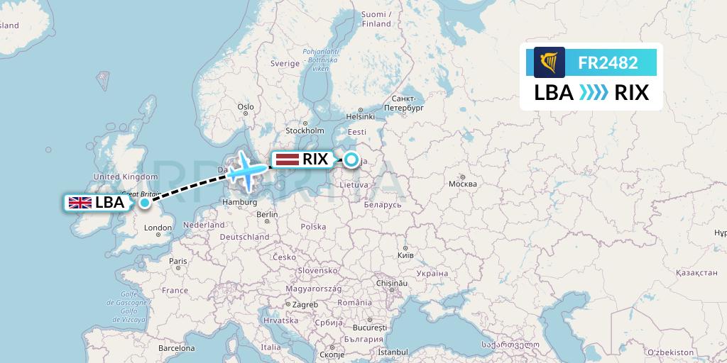 FR2482 Ryanair Flight Map: Leeds to Riga