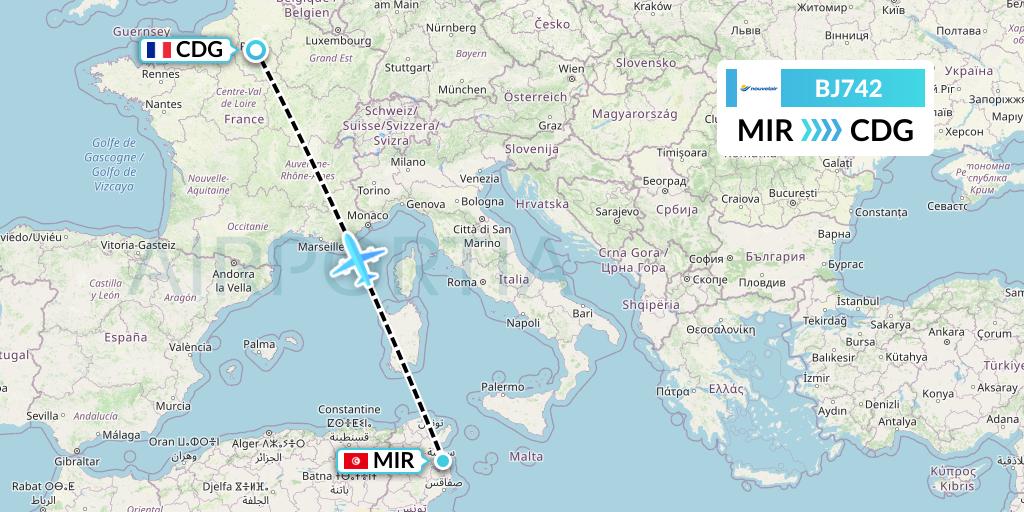 BJ742 Nouvelair Tunisie Flight Map: Monastir to Paris