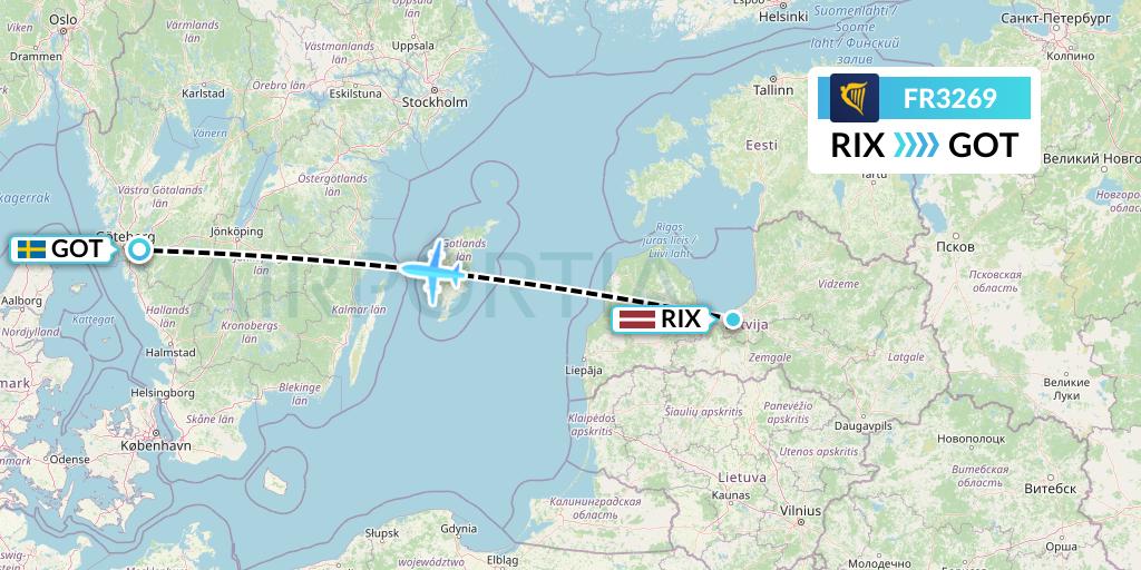 FR3269 Ryanair Flight Map: Riga to Gothenburg