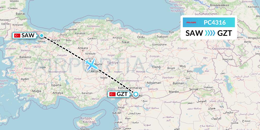 PC4316 Pegasus Airlines Flight Map: Istanbul to Gaziantep