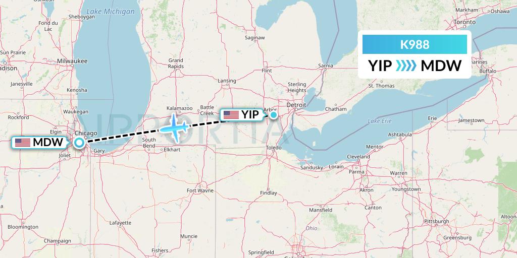 K988 Kalitta Charters Flight Map: Detroit to Chicago