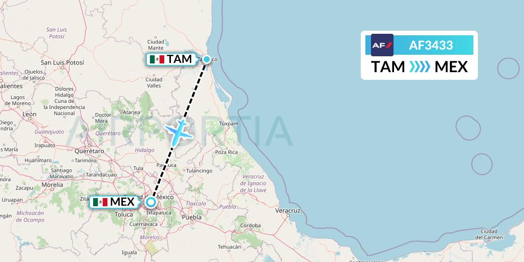 AF3433 Air France Flight Map: Tampico to Mexico City