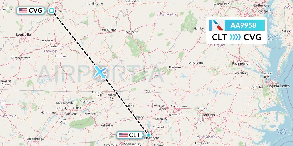 AA9958 American Airlines Flight Map: Charlotte to Cincinnati