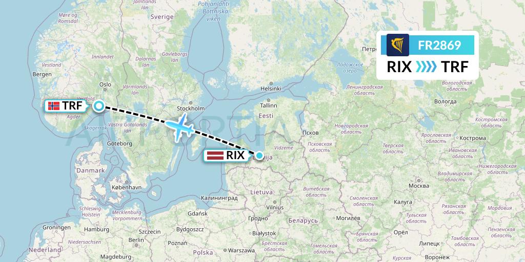 FR2869 Ryanair Flight Map: Riga to Oslo