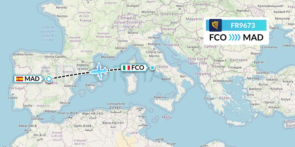 FR9673 Ryanair Flight Map: Rome to Madrid