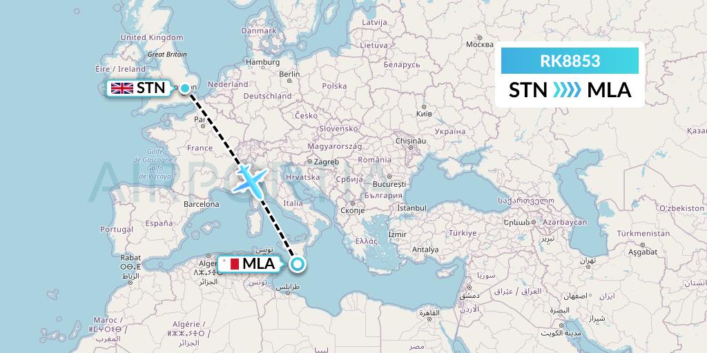 RK8853 Ryanair UK Flight Map: London to Malta