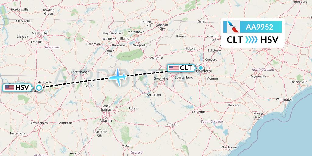 AA9952 American Airlines Flight Map: Charlotte to Huntsville
