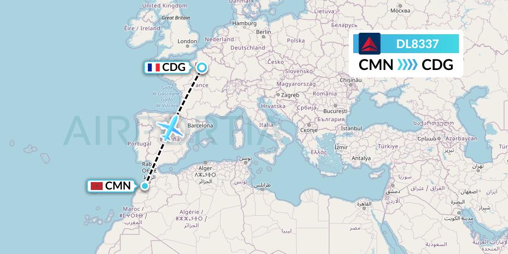 DL8337 Delta Air Lines Flight Map: Casablanca to Paris