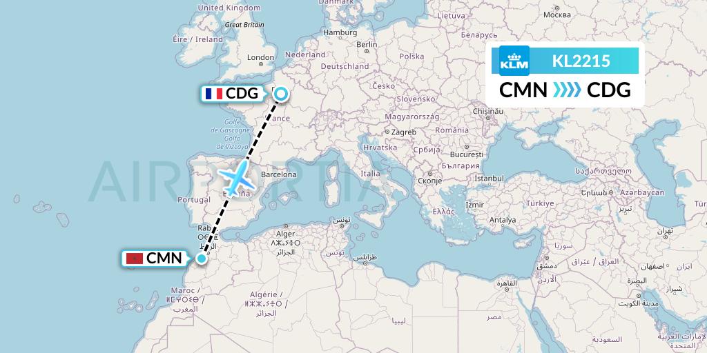 KL2215 KLM Flight Map: Casablanca to Paris